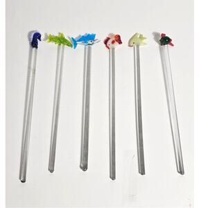 90s Hand Blown Glass Swizzle Sticks 6 Figural Sea Creatures Lampwork Barware